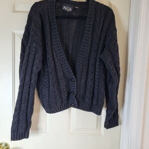 Black Cotton Cable-Knit Button-Front Cardigan